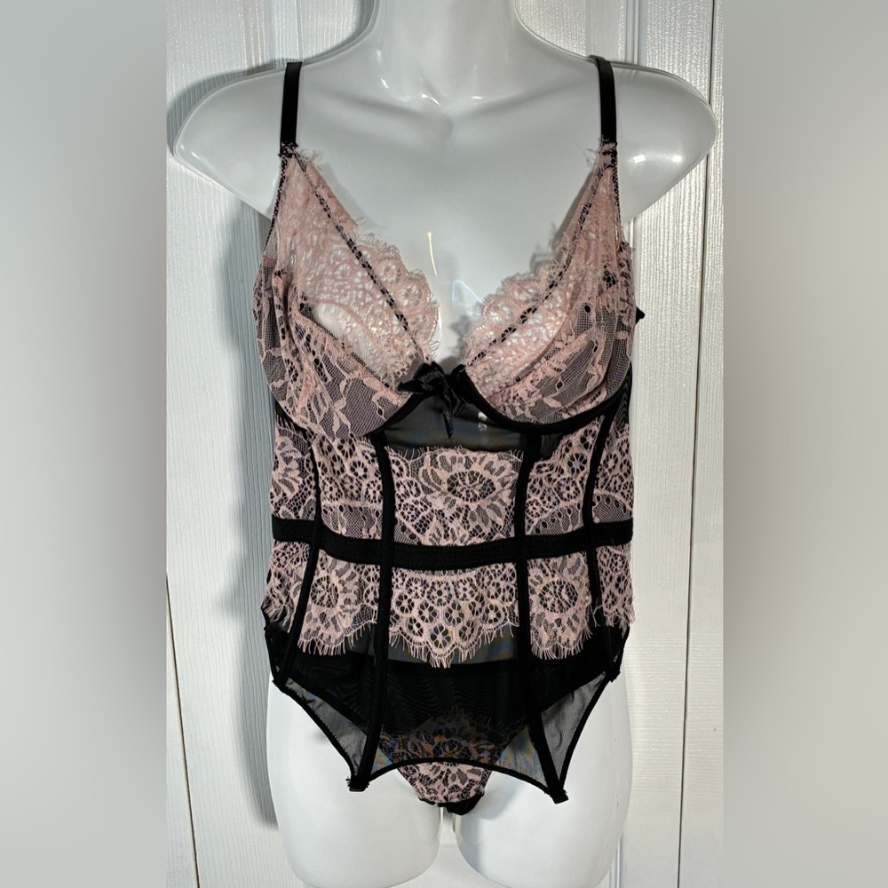 Dolls Kill Black Pink Lace Corset Teddy, Matching Thong & Thigh High Stockings